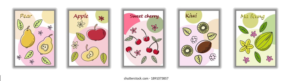 Vector drawn sketch fruit banners set. Eco food.Vector illustration. Dessert menu, perfumery, natural cosmetics, body care products. With space for text