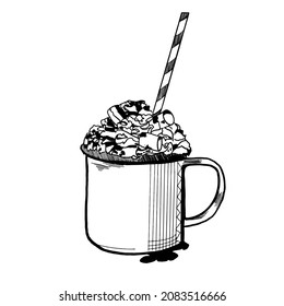 Esbozo vectorial de postre dulce, malvavisco en una taza, estilo doodle con líneas negras