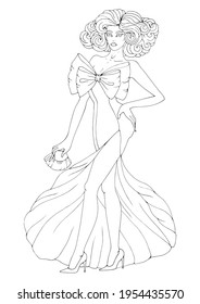 Vector Drawn Slender Sexy Young Woman On The Podium For Fashion Show. Top Model In An Long Elegant Evening Dress With A Large Bow On The Red Carpet, Walking Along Runway. Fashion Illustration 
