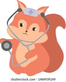 Vector drawn stock illustration of cute red squirrel in medical uniform with cross. Cartoon colorful animal holds medical stethoscope. Wildlife Doctor`s examination isolated on white background. 