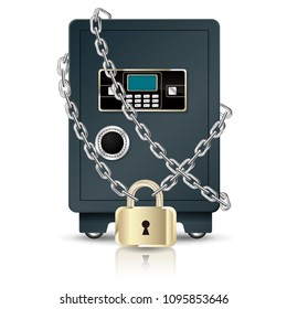 Vector drawn strongbox,Locked with a chain.Isolated on white background.