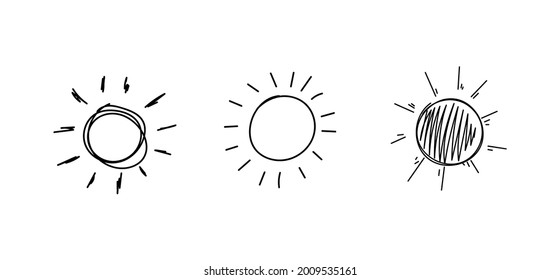 Vector drawn  sun, scribble lines illustrations, hand drawn black icons isolated on white background,.
