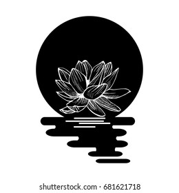 Vector drawn sun with water and hand drawn lotus flower. Brand design.