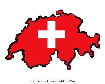 Vector drawn Switzerland borders. Black contour and red flag.
