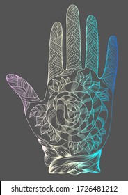 Vector drawn tattooed arm with a rose and weave patterns. Ornamental decorated graphic illustration yoga hand. Design card, print on t-shirt. Pattern mehndi colorful neon art line on a gray background