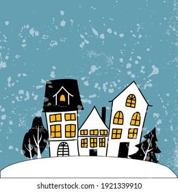 Vector drawn town with trees and texture on blue background 