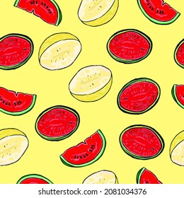 Vektor gezeichnete tropische Früchte Muster Wassermelone hellgelb, Sommerfruchthintergrund, saftige Cartoon-Früchte