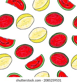Vector drawn tropic fruits pattern, ripe exotic fruits background, cartoon vector fruits, half of watermelon, melon, juicy background