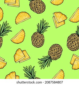 Vector drawn tropic fruits pattern, ripe exotic fruits background, cartoon vector fruits, pineapple, pineapple slices, sectors, light green background