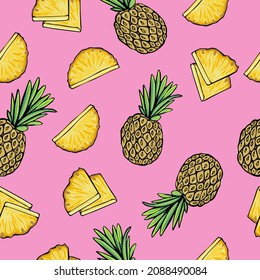 Vector drawn tropic fruits pattern, ripe exotic fruits background, cartoon vector fruits, vector pineapple, pineapple slices and sectors, violet background