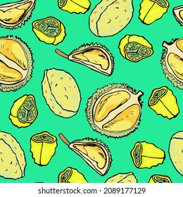 Vector drawn tropic fruits pattern, ripe exotic fruits background, cartoon vector fruits, hole, and half durian, kivano, isolated, light green background