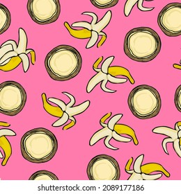 Vector drawn tropic fruits pattern, ripe exotic fruits background, cartoon vector fruits, bananas, coconut