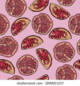 Vector drawn tropic fruits pattern, ripe exotic fruits background, cartoon vector fruits, cut pomegranate, vector pomegranate, decorative fruits, light violet background