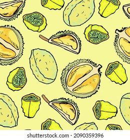 Patrón de frutos tropicales dibujados por vectores, fondo de frutos exóticos maduros, frutos vectores de dibujos animados, durión vectorial, mitad del durión, kivano, kivano cortado, fondo amarillo pálido