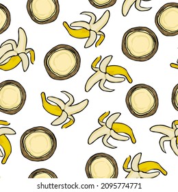 Vector drawn tropic fruits pattern, ripe exotic fruits background, cartoon vector fruits, bananas, coconut, isolated