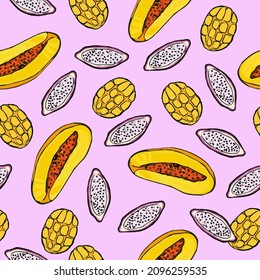 Patrón de frutos tropicales dibujados por vectores, piña, rodajas de frutas, patrón aislado, papaya vectorial, fruta de dragón, fondo de mango