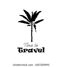 Vector drawn tropical logo symbol of black banana palm silhouette on white background. Time to travel logo design template.