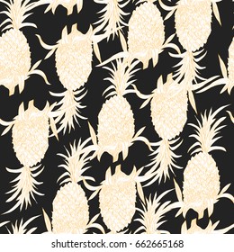 Vector drawn tropical seamless pattern on dark background with pineapples in a sketch style. Exotic collection.