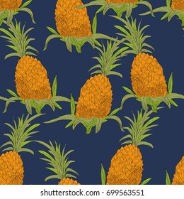 Vector drawn tropical seamless pattern on blue background with pineapples in a sketch style. Exotic collection.