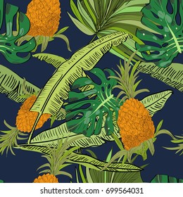 Vector drawn tropical seamless pattern on blue background with pineapples, monstera and banana leaves in a sketch style. Exotic collection.