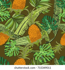 Vector drawn tropical seamless pattern on brown background with pineapples, monstera and banana leaves in a sketch style. Exotic collection.
