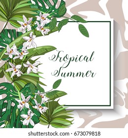 Vector drawn tropical summer card with exotic flowers and leaves isolated.