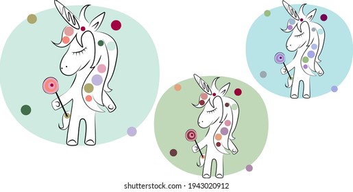 Vector drawn unicorn, doodle style with colored elements in three color variations in muted pastel colors