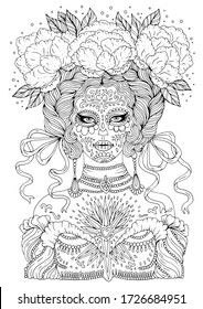 Vector drawn woman calavera makeup with flowers in wavy hair braided in pigtails with developing ribbons. Decorated with themed accessories. Mexican holiday Day of the Dead. Design card print t-shirt