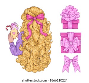 Vector drawn woman holding a mug with sweet drink. Female back with blonde curly long hair decorated with bow. Festive set of girl and gifts boxes with bow and ribbon. Christmas Design greeting card 