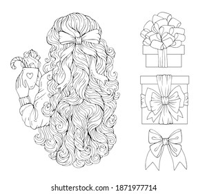 Vector Drawn Woman Holding A Mug With Sweet Drink. Female Back With Curly Long Hair Decorated With Bow. Festive Set Of Girl And Gifts Boxes With Bow And Ribbon. Pattern Coloring Page Christmas Design 