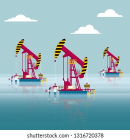 Vector drawn working oil pump.On the sea.