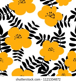Vector drawn yellow flowers seamless pattern on black background. Fabric, package design idea.