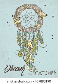 Vector Dream catcher Amulet of Sea Style. Native American Indian talisman with Feathers and Shells