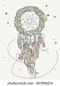 Vector Dream catcher Amulet of Sea Style. Native American Indian talisman with Feathers and Shells