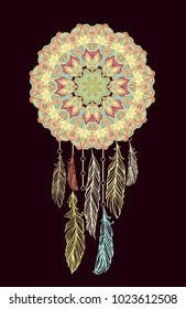 Vector dream catcher with clored feathers on dark background