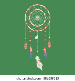 Vector dream catcher with colorful feathers on green background. Elegant tender design for card, website, wrapping, background. Ethnic elements of nature
