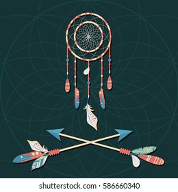 Vector dream catcher with colorful feathers and crossed arrows on dark background. Elegant tender design for card, website, wrapping, background. Ethnic elements of nature