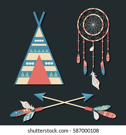 Vector dream catcher with colorful feathers, wigwam and crossed arrows on dark background. Elegant tender design for card, website, wrapping, background. Ethnic elements of nature