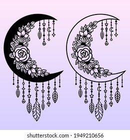 Capturador de sueños vectoriales con una luna creciente. Ilustración decorativa al estilo boho. Símbolo étnico dibujado a mano. Para cortar papel y láser, imprimir en camisetas, tazas.