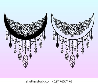 Capturador de sueños vectoriales con una luna creciente. Ilustración decorativa al estilo boho. Símbolo étnico dibujado a mano. Para cortar papel y láser, imprimir en camisetas, tazas.
