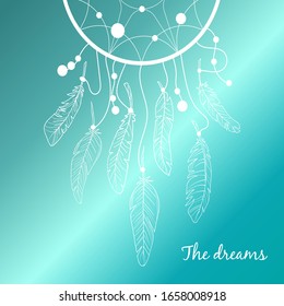 Vector dream catcher with feathers. Dreams. Vector illustration. Stock image. Contour image. Feathers. The blue gradient. White outline.