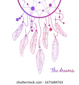 Vector dream catcher with feathers. Dreams. Vector illustration. Stock image. Contour image. Feathers. Gradient. White background.