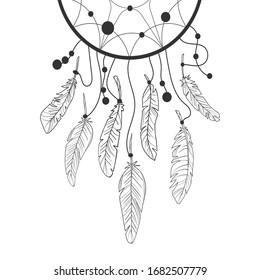 Vector dream catcher with feathers. Vector illustration. Stock image. Contour image. Feathers. Postcard.
