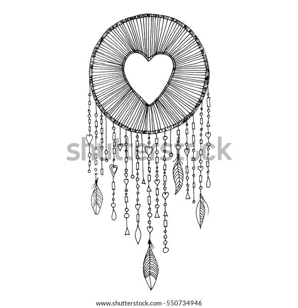 ハートの形のイラストを持つベクタードリームキャッチャー アメリカ先住民の古代のシンボルドリームキャッチャー インクの輪郭のスケッチ のベクター画像素材 ロイヤリティフリー