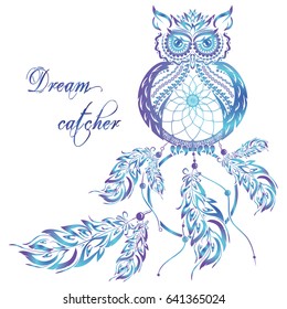 Vector dream catcher owl. Blue background.