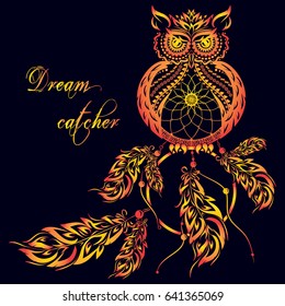 Vector dream catcher owl. Dark background.