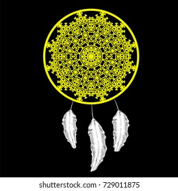 Vector Dream Catcher Silhouette with Feathers Isolated on Black Background
