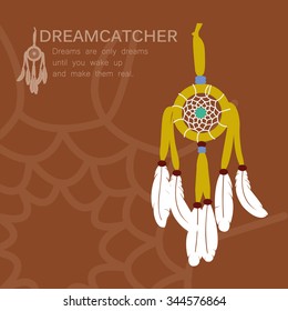 A vector dreamcatcher on brown color background.  American indians, vector illustration