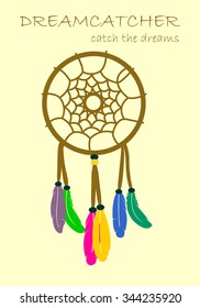 A vector dreamcatcher on light yellow color background.  American indians, vector illustration