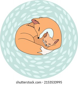 Vector dreaming mother fox with child fox cub. Icon card with animal, family animal, fox sleeping and hugging its baby. Circle background, blue colour.